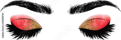 Hand drawn illustration vector closed eyes pale red green yellow gold festive Christmas xmas glitter eyeshadow makeup designer