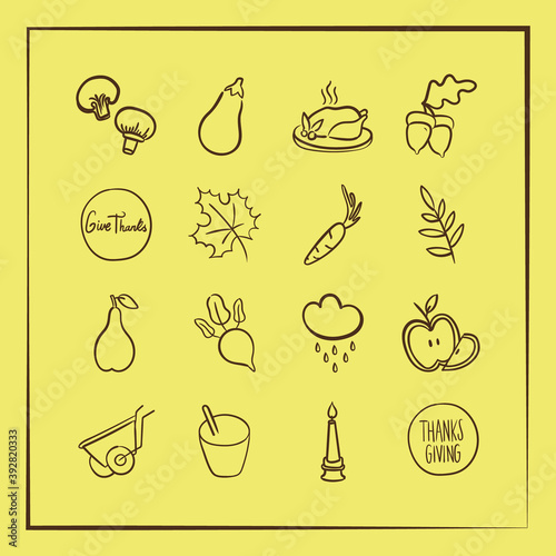 bundle of sixteen thanksgiving day set icons in yellow background