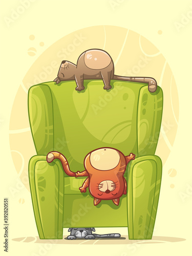 Cats sleeping on the sofa. Hand drawn vector illustration with separate layers.