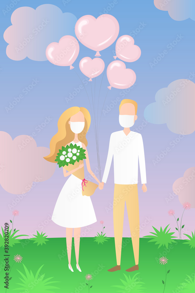 Bride and groom in face masks. Cartoon. Vector illustration. Bride and groom in face masks. Cartoon. Vector illustration.