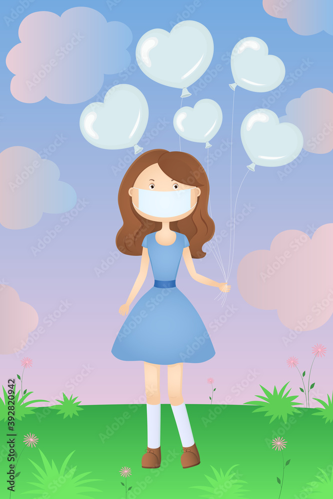 Girl in mask hold heart shaped helium balloons. Cartoon. Vector illustration. Girl in mask hold heart shaped helium balloons. Cartoon. Vector illustration.
