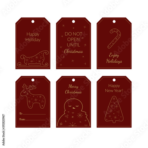 Collection of six Christmas and New Year cute invitation tags. Set of holiday label with sleigh, candy cane, deer, snowman, tree in gold color on dark red background. Vector seasonal badge design