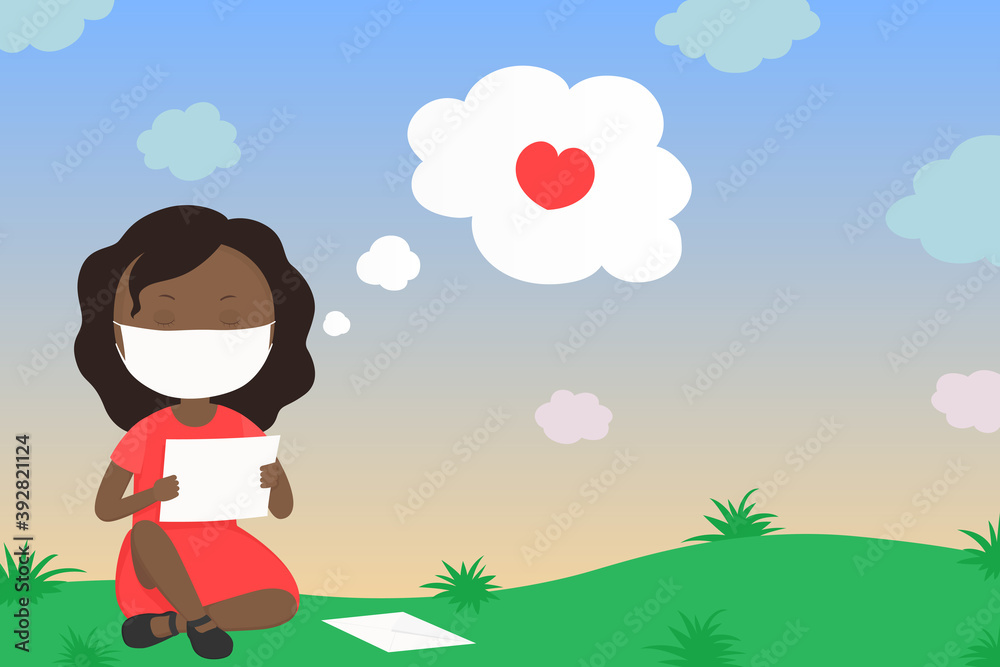 African girl in mask read letter with confession of love. Vector illustration. African girl in mask read letter with confession of love. Vector illustration.
