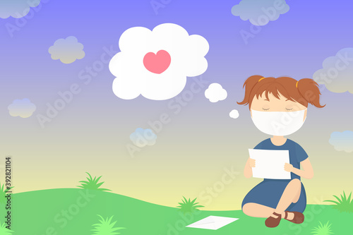 Girl in mask read letter with declaration of love. Vector illustration.
