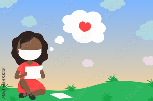 African girl in mask read letter with confession of love. Vector illustration.