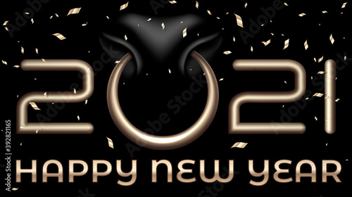 A bull s nose with a gold nose ring 2021. A symbol of the New Year and Christmas. Golden serpentine. Realistic 3D illustration on a black background.
