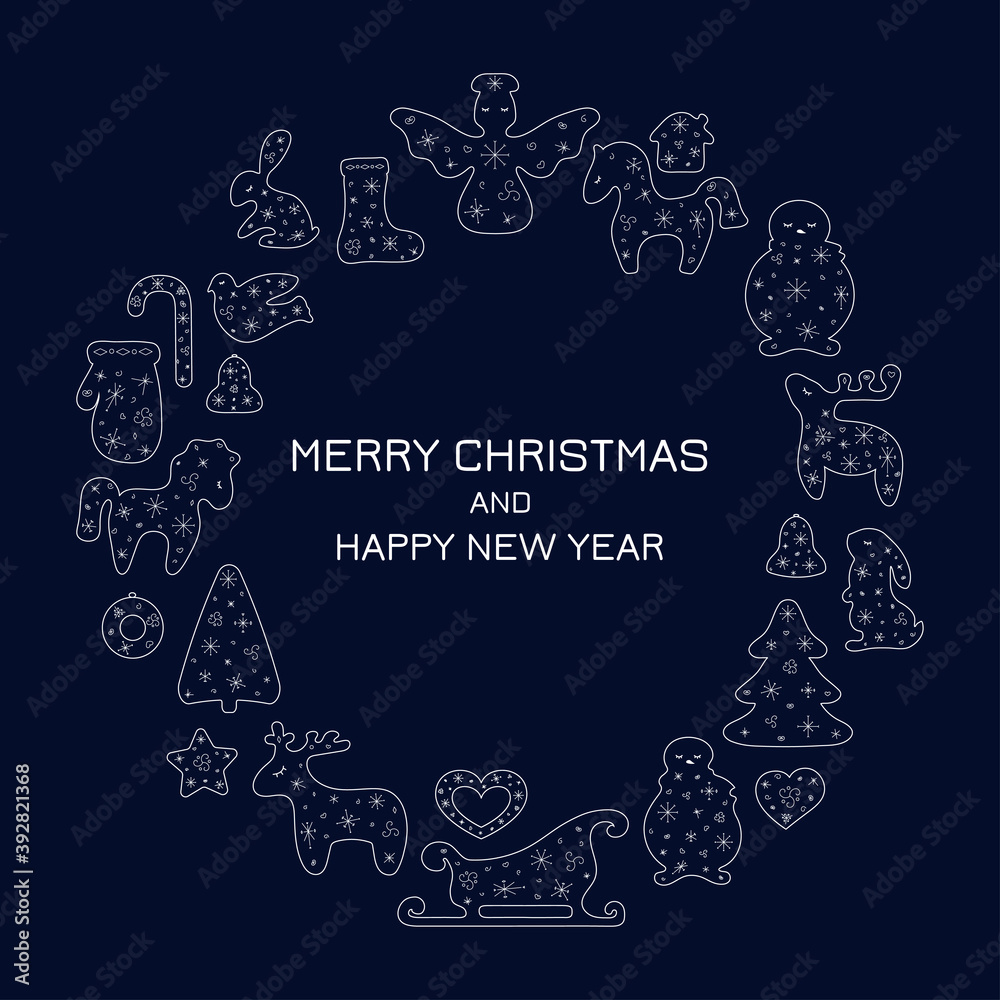 Christmas and New year invitation with composition of Christmas Wreath with stylized deer, hors, tree, rabbit, sock, mitten, heart, sleigh, bird, star, wreath, bell, house. Vector illustration Christmas and New year invitation with composition of Christmas Wreath with stylized deer, hors, tree, rabbit, sock, mitten, heart, sleigh, bird, star, wreath, bell, house. Vector illustration