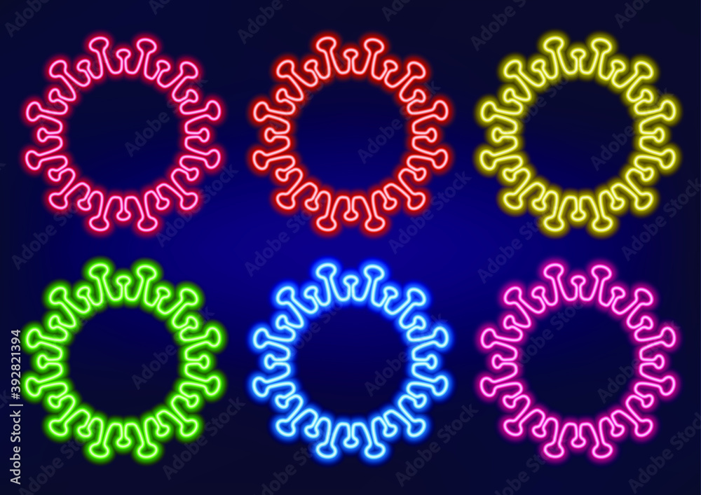 Neon frame. Set of neon signs of covid-19 molecules in different colors. Laser glowing lines on a dark background. Neon sign. Pandemic.
