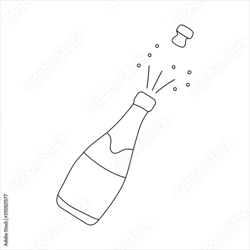 Minimalistic New Year and Christmas illustration. Outline sparkling wine bottle with a pop-out stopper on white background. It can be use as icon in social media
