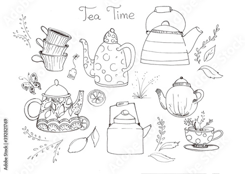 set of hand drawn illustrations. tea kettle set with lavender and lemon. Tea time with yellow, purpule cups. Kettle lemon print, black and white
