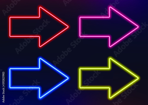 Neon frame. Set of neon arrows in different colors. Laser glowing lines on a dark background. Neon glowing pointer.
