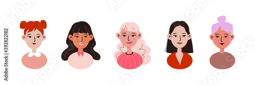 Diverse set of young women in flat style and doodle style. Female avatars in modern clothes of brunettes, curly blondies, redheads, pink-haired. Vector stock modern hand drawn illustration.