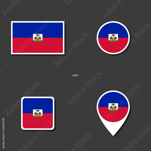 Haiti flag icon set (rectangle, circle, square and marker icon) on dark grey background. Haiti flag icon collection on barely dark background