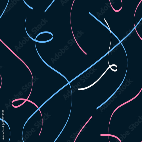 Hand-drawn seamless pattern. Falling pink, blue and white ribbons on a dark background. Decorative background for textiles, packaging, print for the holiday.
