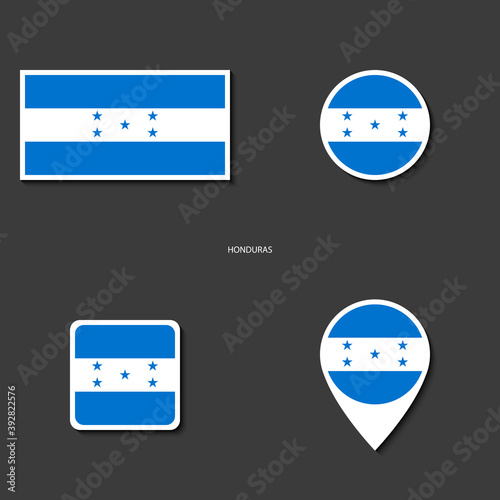 Honduras flag icon set (rectangle, circle, square and marker icon) on dark grey background. Honduras flag collection on barely dark background.