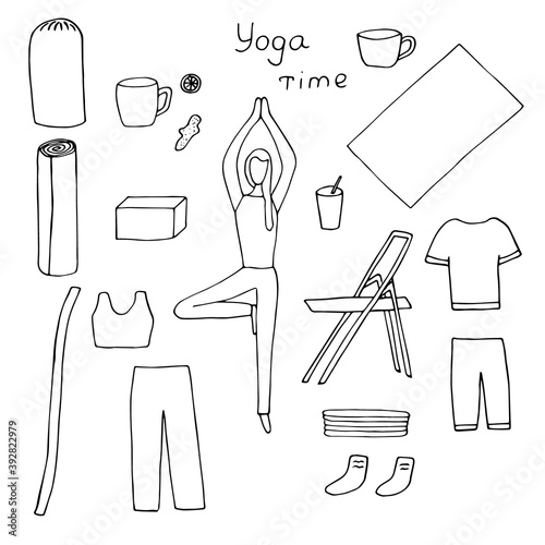 Set of yoga time cliparts, vector illustration, girl in tree asana, sportswear, yoga supplies, healthy drinks, hand drawing