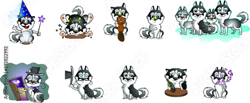 Funny cartoon dog breed husky stickers set Of Husky Magician Puppies in Hat, Gentleman, Upset Drinkers, Smiles, Baby, Beaver