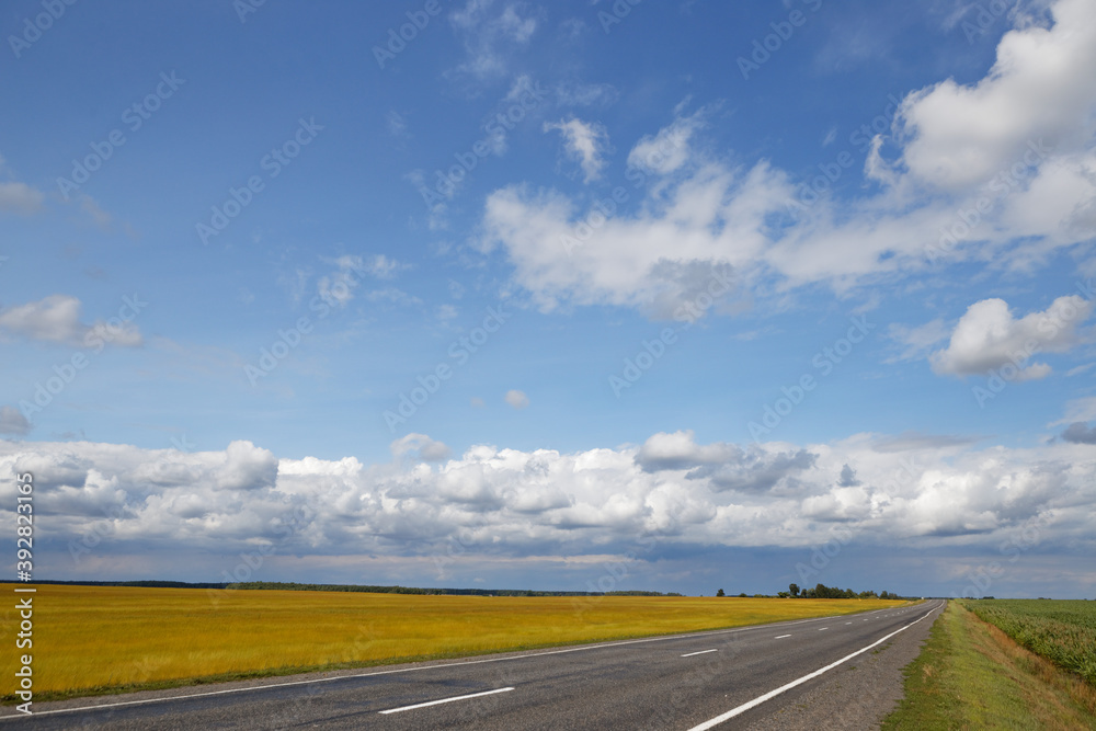 road among the fields under the sky with clouds