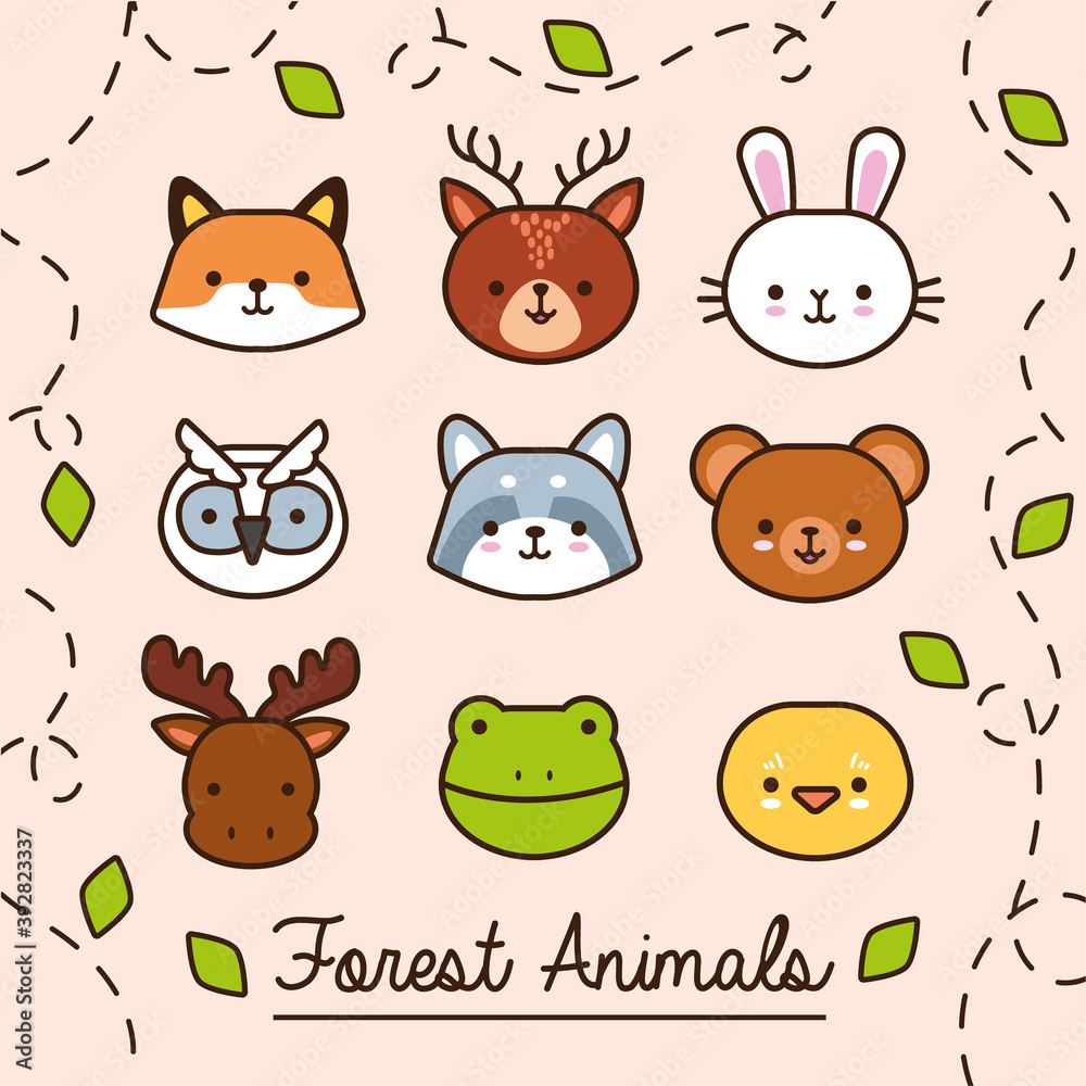 bundle of kawaii animals with leaves plant line and fill style bundle of kawaii animals with leaves plant line and fill style