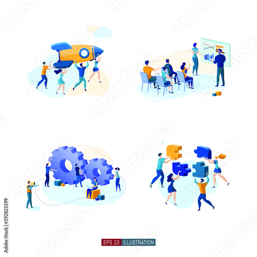 Trendy flat illustration set. Teamwork metaphor concept. Office workers planing business mechanism, analyze business strategy and exchange ideas. Template for your design works. Vector graphics.