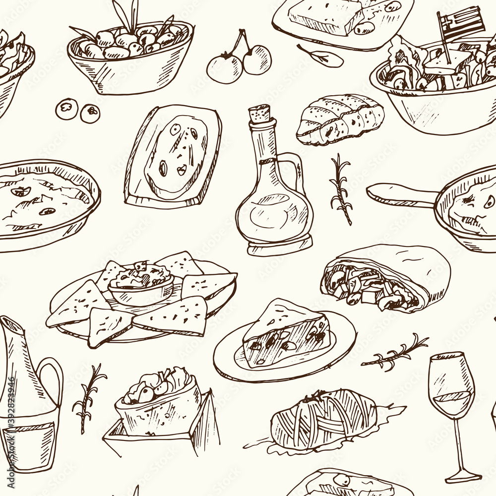 Greece cuisine seamless pattern with food and drink hand drawn doodles. Vector illustration