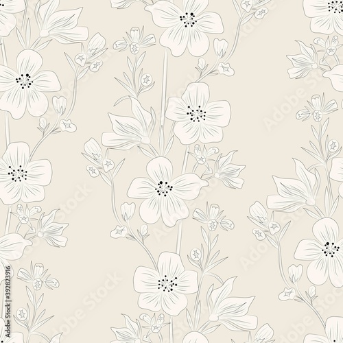 Wallpaper Mural Wildflowers. Hand drawing. Black engraving, graphics, line art. Vintage seamless pattern. Black and white. Isolated vector illustration. Torontodigital.ca