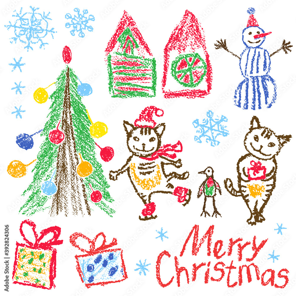 Obraz premium Christmas knolling style set with cat. Like child hand drawing snowman, tree, kitten, gift box, snow, hut on white background. Crayon, pastel chalk, pencil kid painting flat funny doodle simple vector