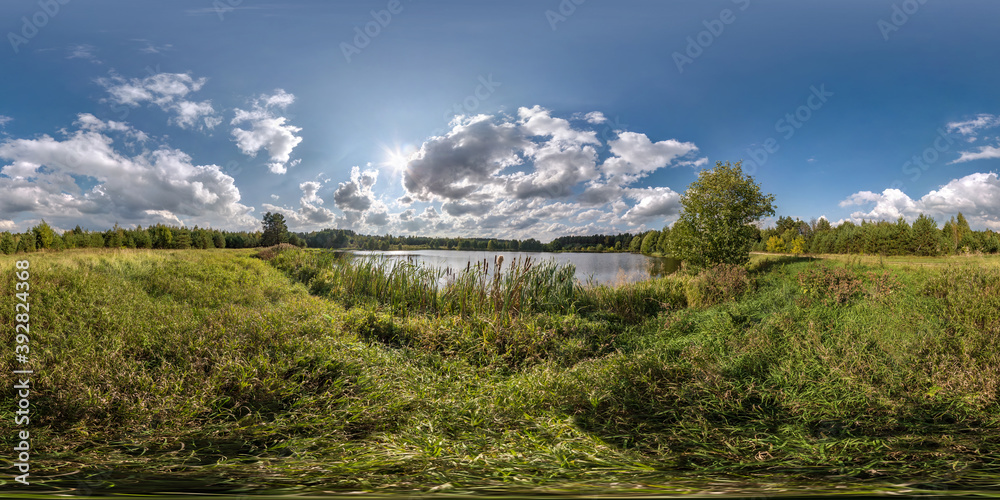 full seamless spherical hdri panorama 360 degrees angle view embankment of wide river in sunny day with beautiful clouds in equirectangular projection, ready VR AR virtual reality content