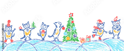 Christmas funny cats on space holiday border. Like child hand drawing. Crayon, pastel chalk or pencil sketch doodle tree, kitten, gift box, snow. Vector background simple catchy cartoon style