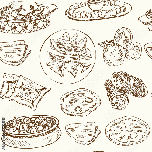Hong Kong street food Menu doodle seamless pattern on chalkboard. Vector illustration