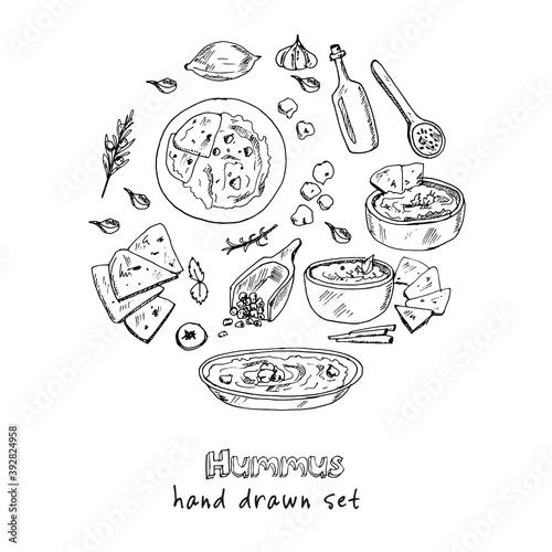 Hummus set with food and drink hand drawn doodles. Vector illustration