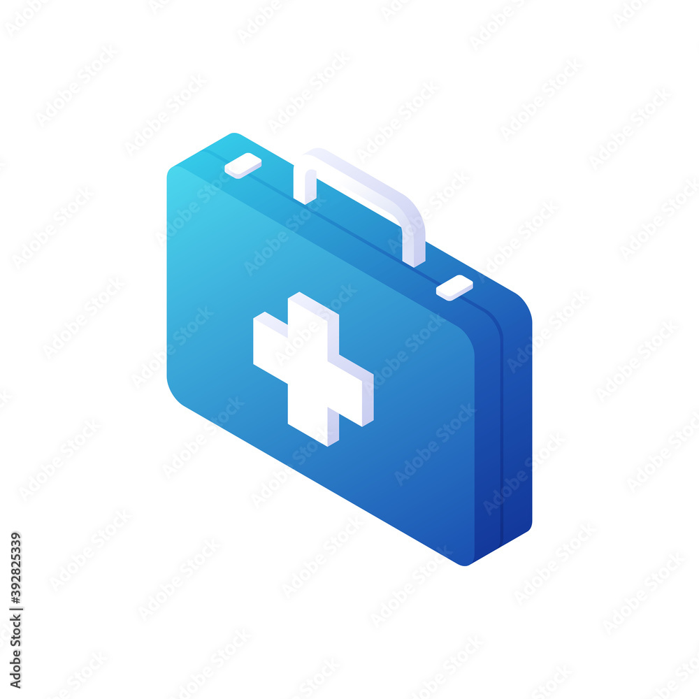 Ambulance medical suitcase isometric vector. Blue box with white handle and cross in center. Ambulance medical suitcase isometric vector. Blue box with white handle and cross in center.