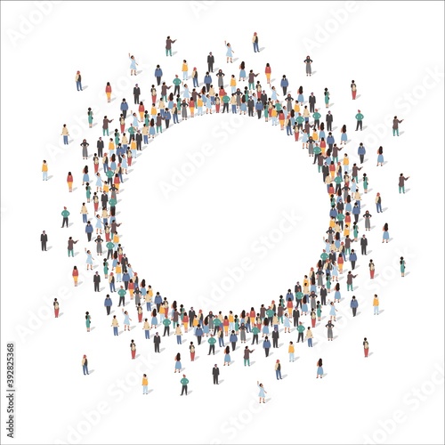 Fotografie, Obraz Large group of people forming circle frame standing together, flat vector illustration