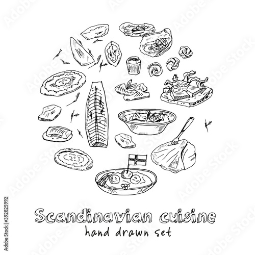 Scandinavian cuisine Menu doodle icons on chalkboard. Vector illustration