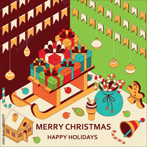 Christmas background with isometric cute toys. Sled with gifts and gingerbread house