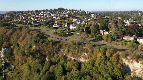 Aerial / drone footage of Magnolia View Point and park in Briarcliff, Interbay and Magnolia, Lawton Park, upscale, affluent neighborhoods uptown by Puget Sound, in Seattle, Washington photo