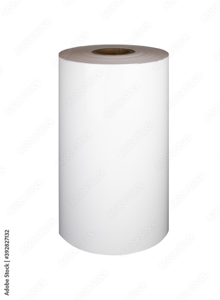 Rolls of wrapping plastic stretch film on white background. Polypropylene or polyethylene rolls for packaging. Rolls of wrapping plastic stretch film on white background. Polypropylene or polyethylene rolls for packaging.