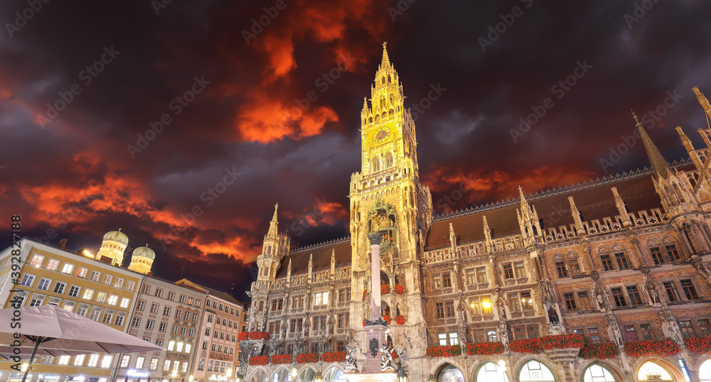 Fantastic night view of   facade of Gothic Rathaus or Town Hall of Munich and famous clock tower on Marienplat
