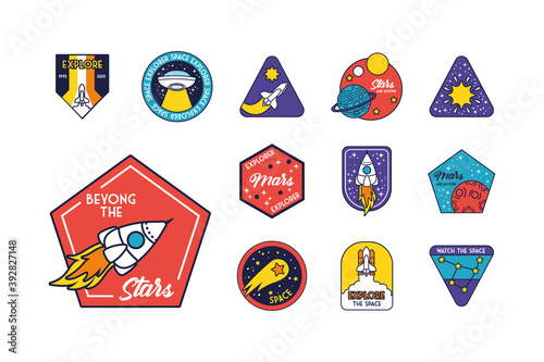 bundle of twelve space badges in blue background line and fill style icons