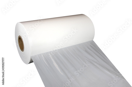 Rolls of wrapping plastic stretch film on white background. Polypropylene or polyethylene rolls for packaging.