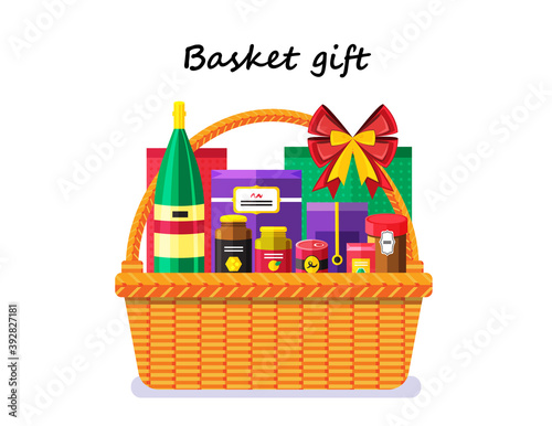 Illustration vector flat cartoon thing of grocery canned food isolated and basket or hamper for happy Christmas Thanksgiving day or New year gift setting on white background