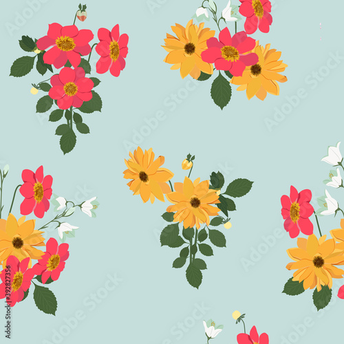 Seamless vector illustration with dahlias and campanula on a light blue background.