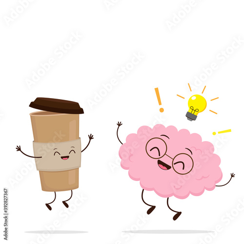 Human brain character with paper coffee cup