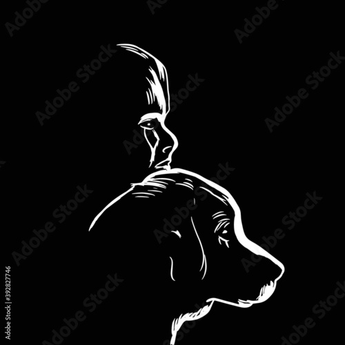 dog and kid on white line art vector