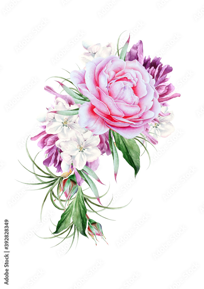 Watercolor bouquet with flowers. Rose. Peony. Illustration. Hand drawn.