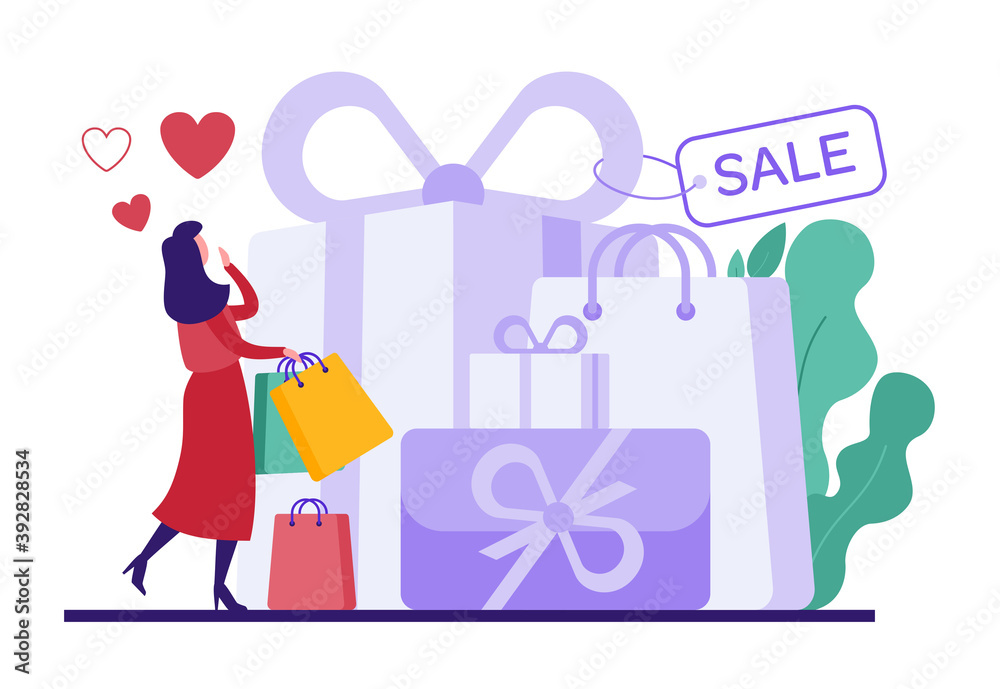 Cartoon woman shopping during Valentine day sales Cartoon woman shopping during Valentine day sales