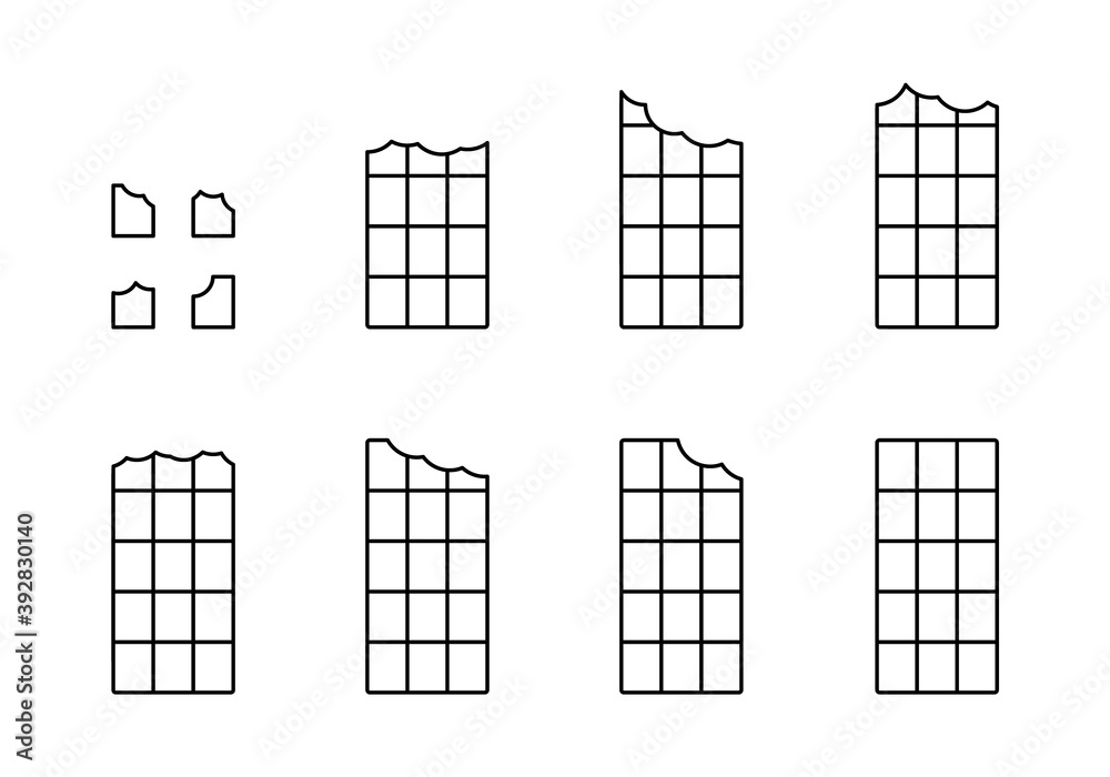 Bitten chocolate bar. Linear icons set. Black simple illustration of different types of bite. Contour isolated vector pictogram on white background Bitten chocolate bar. Linear icons set. Black simple illustration of different types of bite. Contour isolated vector pictogram on white background