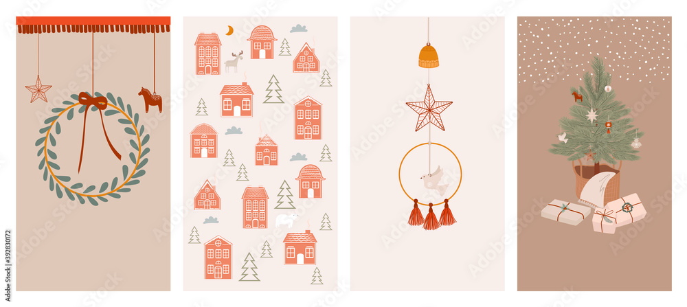 Merry Christmas or Happy New Year vertical background for social media or mobile app template. Holidays boho elements in Scandinavian style.  Editable Vector illustration