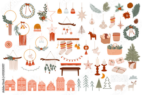 Merry Christmas or Happy New Year boho elements. Winter holidays element in Scandinavian style. Cozy hygge home decor elements. Editable vector illustration.
