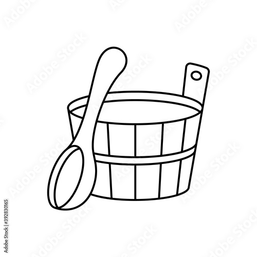 Wooden tub and bath ladle. Sauna emblem. Linear icon of classic accessory for Russian banya. Black simple illustration of spoon, bucket with handle. Contour isolated vector pictogram, white background